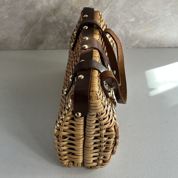 Vintage Wicker Handbag Leather Double Strap Twist Lock Brown Woven Hong Kong - Picture 7 of 13